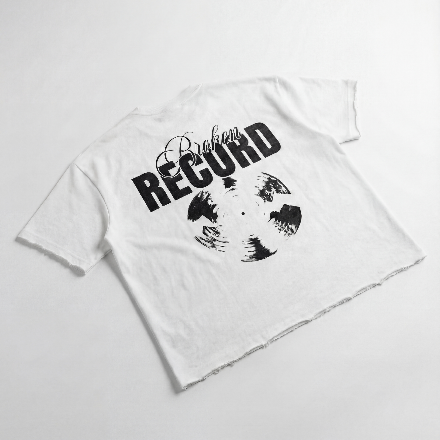Broken Record, Boxy Half-Sleeve Raw-Edge T-Shirt