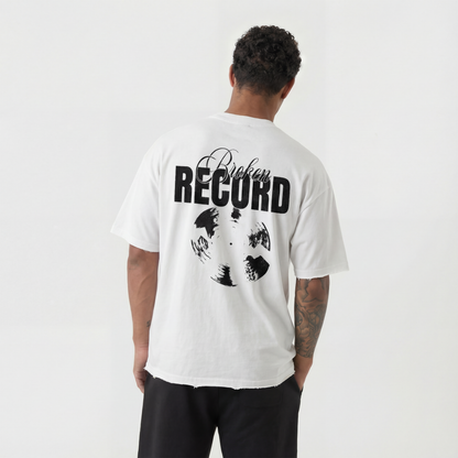 Broken Record, Boxy Half-Sleeve Raw-Edge T-Shirt